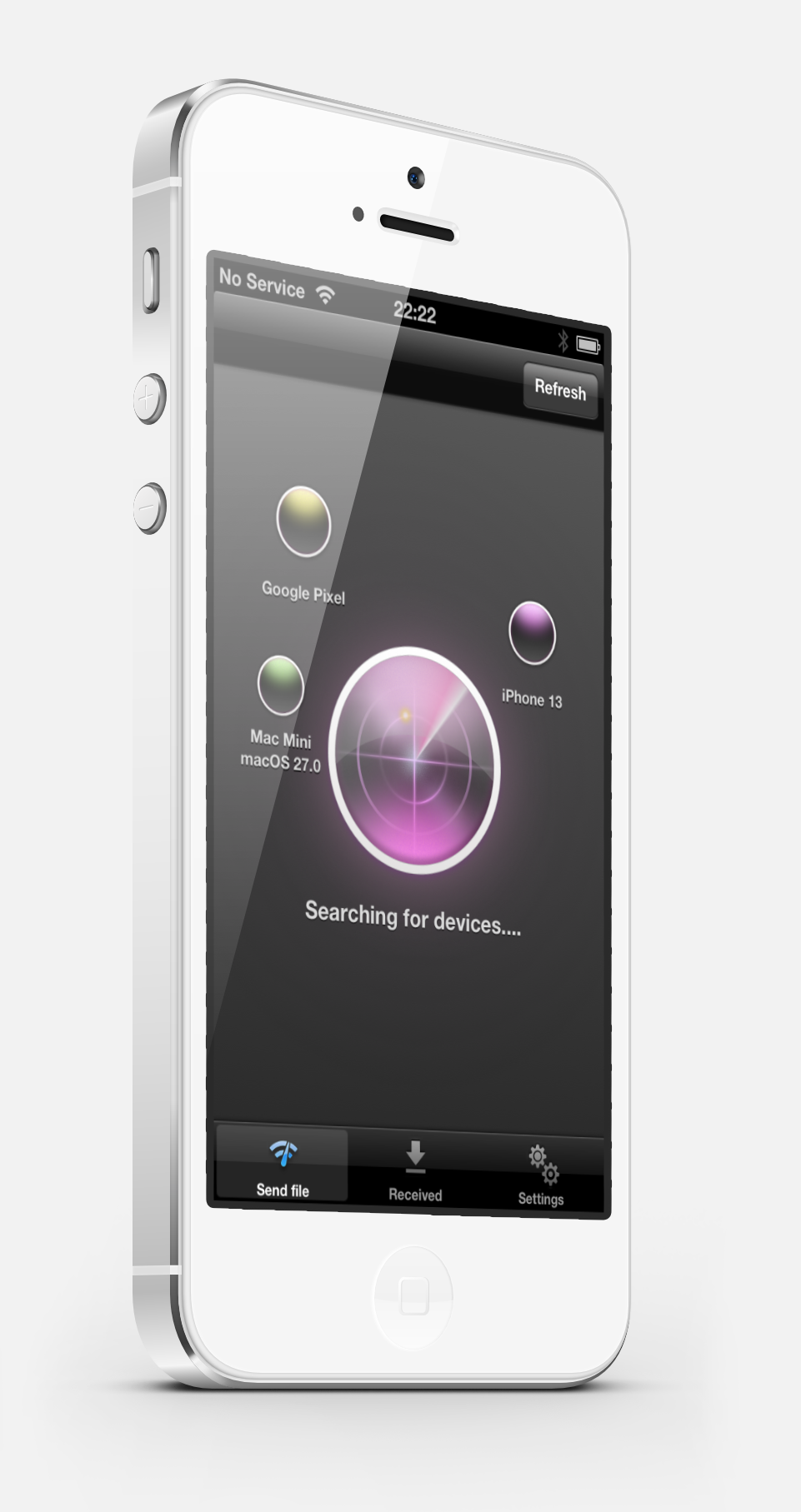 DipolShare on a classic white iPhone, discovering nearby LocalSend devices.